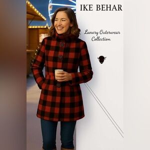 Ike Behar Buffalo Plaid Pea Coat Style Size XL Double Breasted Belt Included